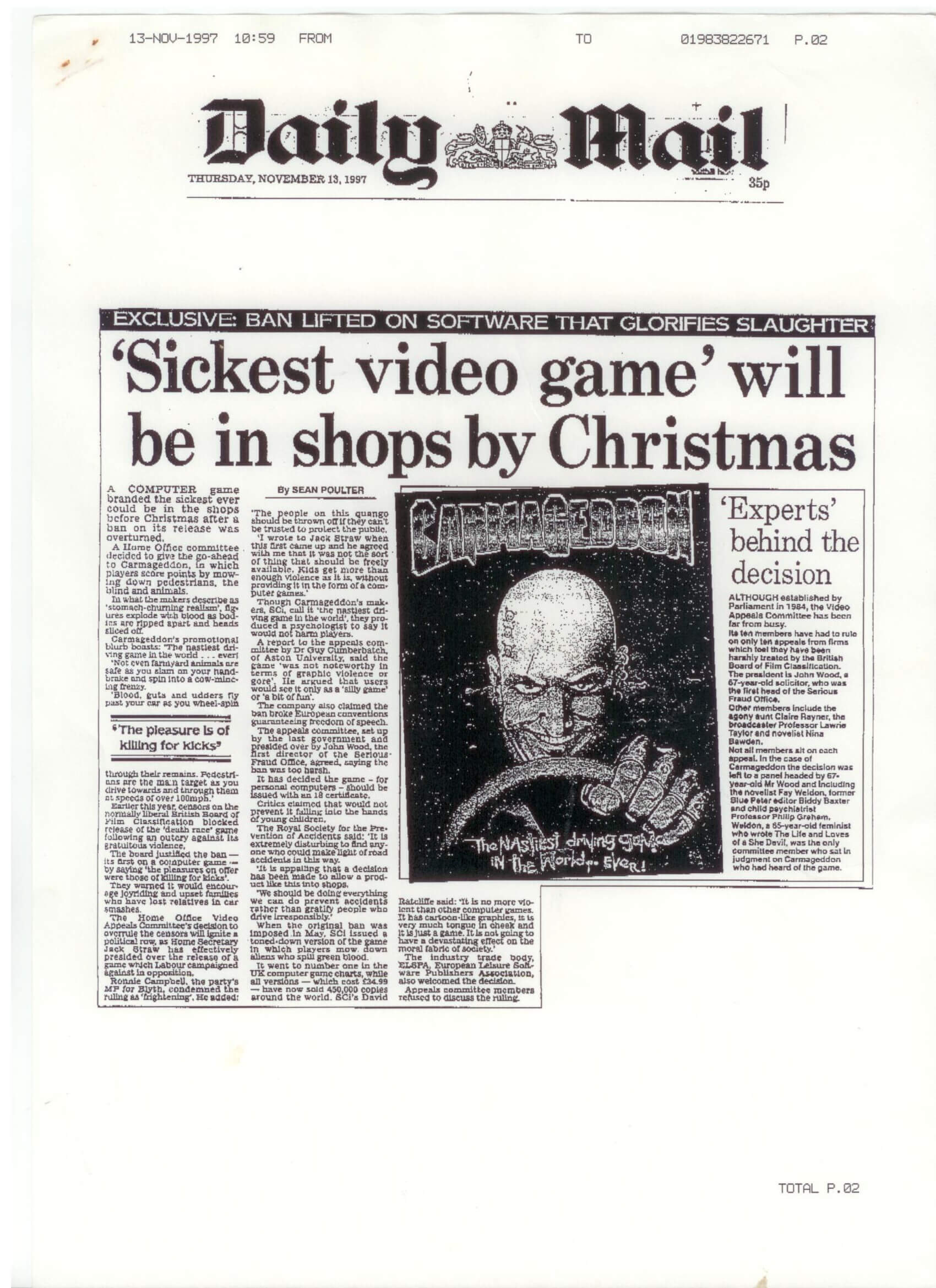 Image of a newspaper with the headline "Sickest video game" will be in shops by Christmas